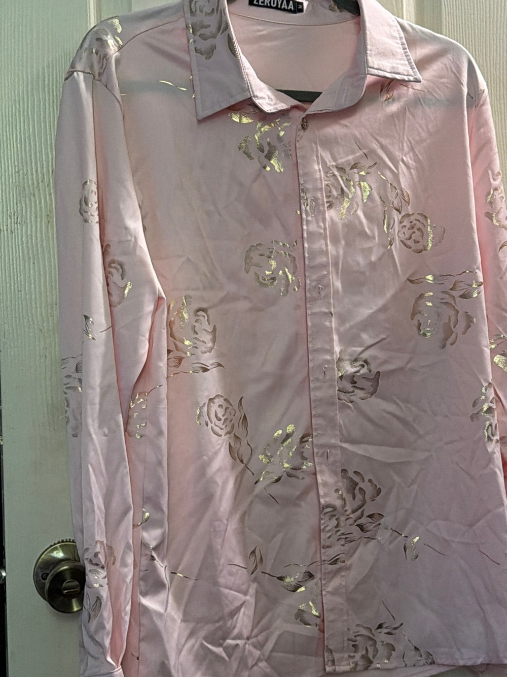 ZERUYAA Men’s Light Pink Metallic Floral Dress Shirt - Gold Accents